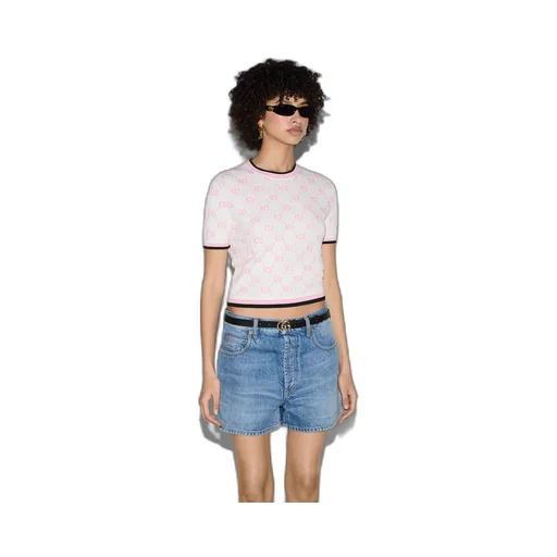 Cotton crewneck top with GG intarsia