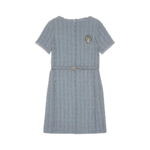 Wool tweed dress with brooch