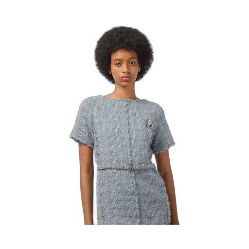 Wool tweed dress with brooch