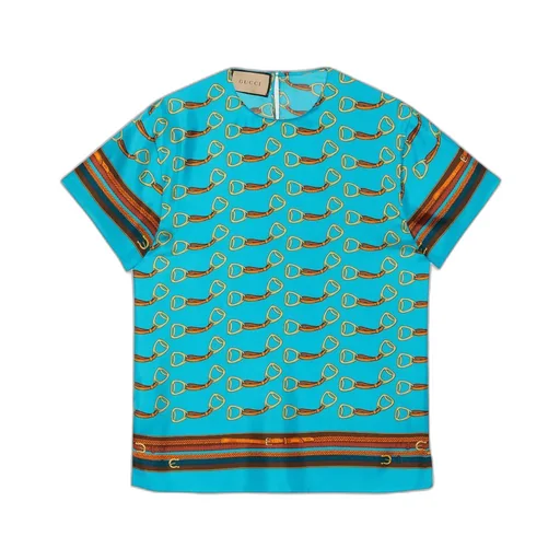 Horsebit and harness print silk top