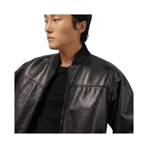 GG embossed leather bomber jacket
