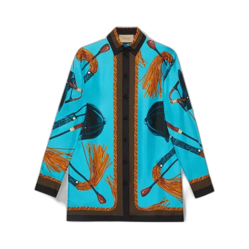 Equestrian print silk twill shirt