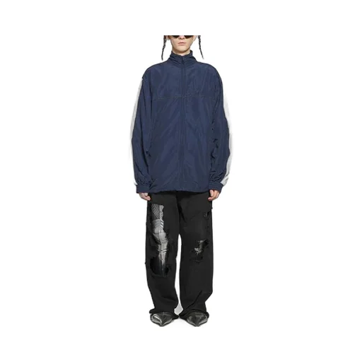 Logo Splicing Loose Jacket Unisex Navy Blue