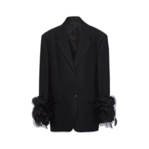 Single-breasted wool jacket with feather trim