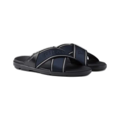 Brushed leather and Re-Nylon tape crisscross slides