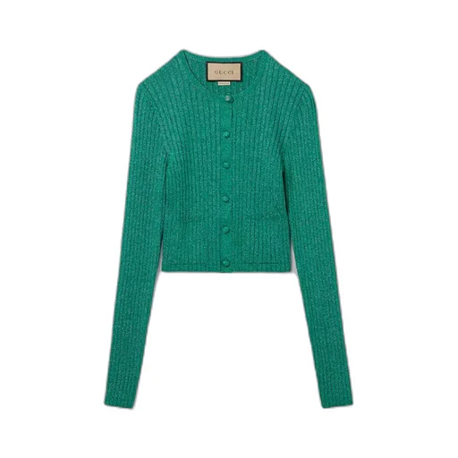 Rib lamé crewneck cardigan