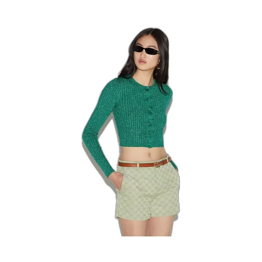 Rib lamé crewneck cardigan