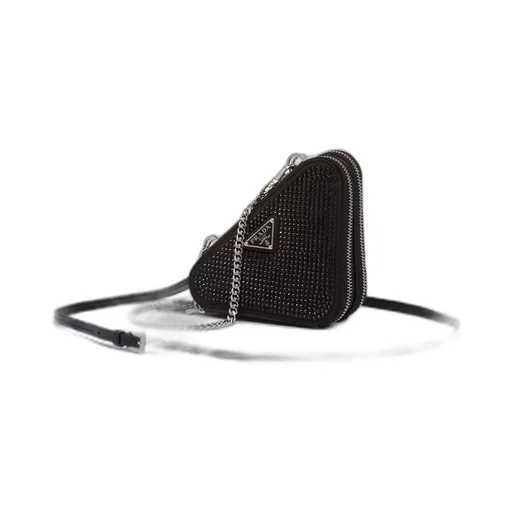 Triangular embellished satin and leather mini-pouch