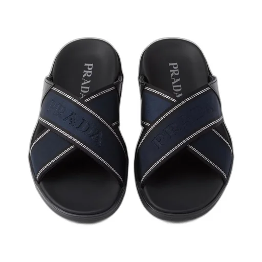 Brushed leather and Re-Nylon tape crisscross slides