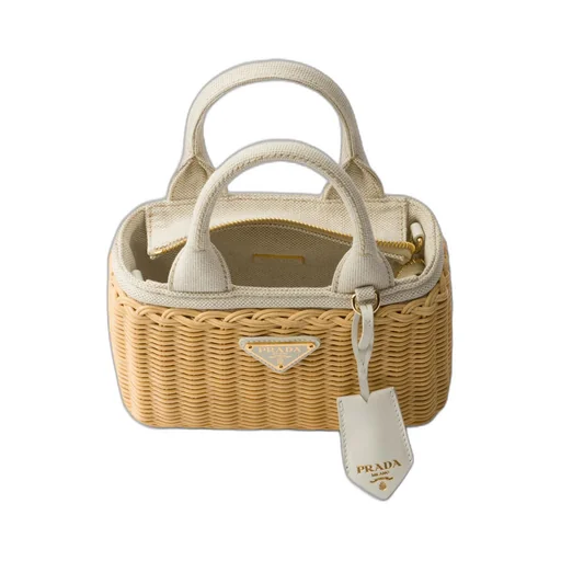 Mini wicker and linen blend tote bag