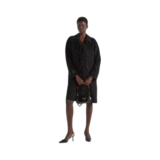 Single-breasted cashmere coat with feathers