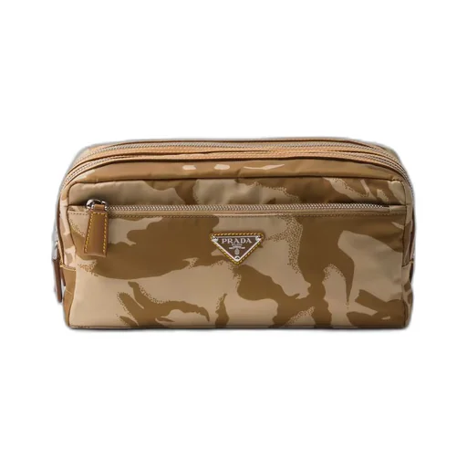 Printed Re-Nylon and leather pouch