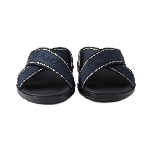 Brushed leather and Re-Nylon tape crisscross slides