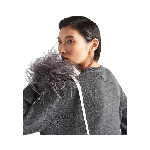 Feather-trimmed cashmere crew-neck sweater