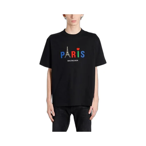 Paris Love Regular T-Shirt Printing Short Sleeve Black