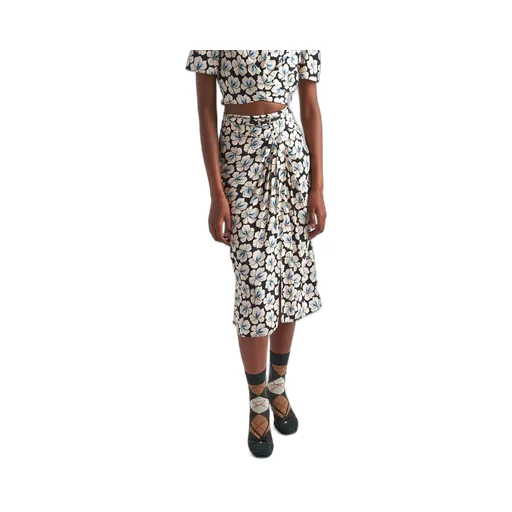 Printed pongee midi-skirt