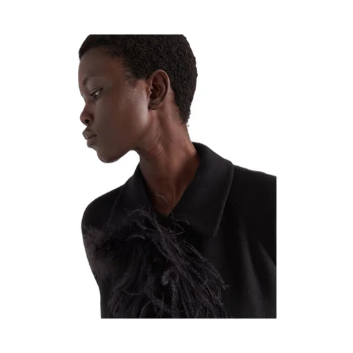Single-breasted cashmere coat with feathers