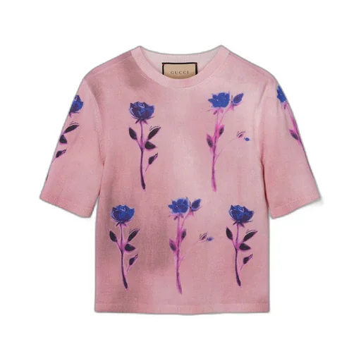 Floral print fine wool silk top