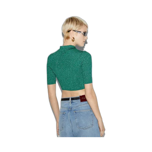 Rib lamé cropped polo shirt