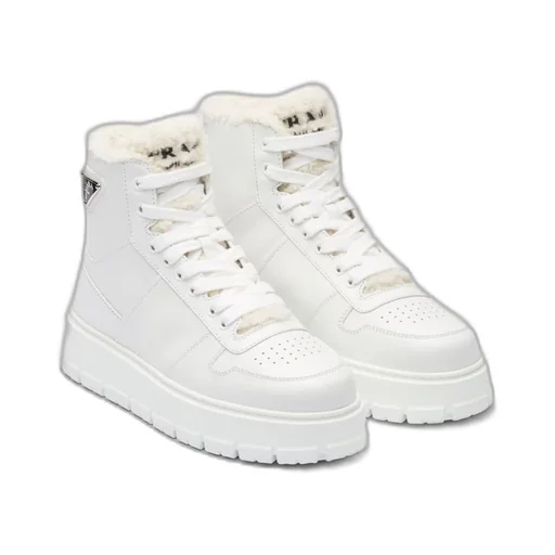 Leather and shearling high-top sneakers