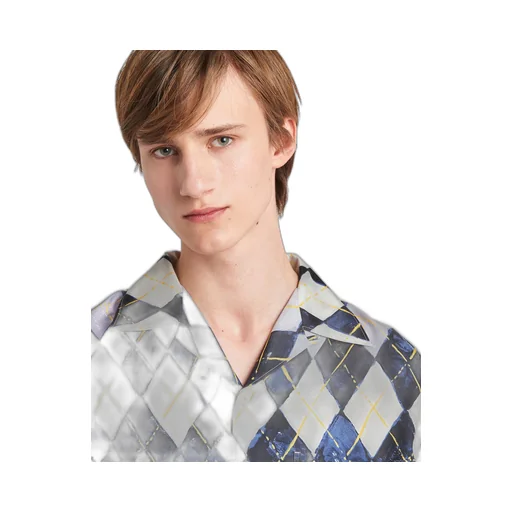 Short-sleeved Argyle-pattern silk twill shirt