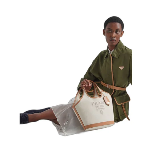Medium linen blend and leather tote bag