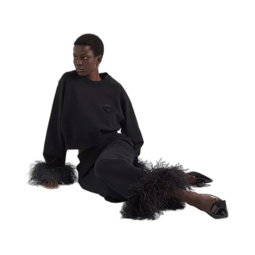 Cotton fleece joggers with feather trim