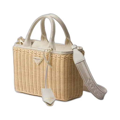 Medium wicker and linen blend tote bag