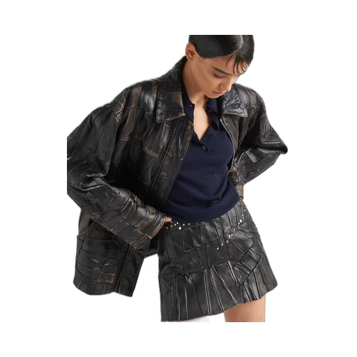 Studded nappa leather patchwork skirt