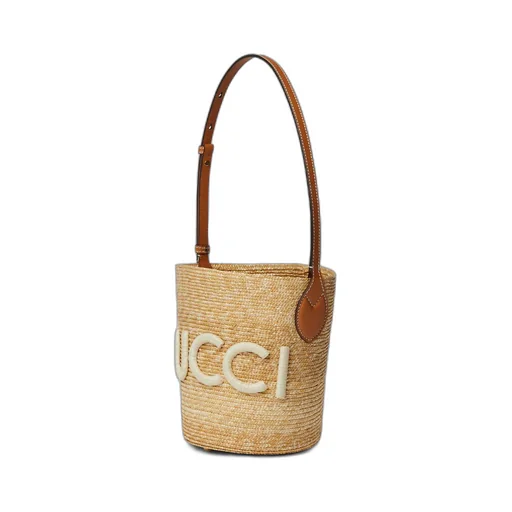 Small straw shoulder bag with Gucci patch