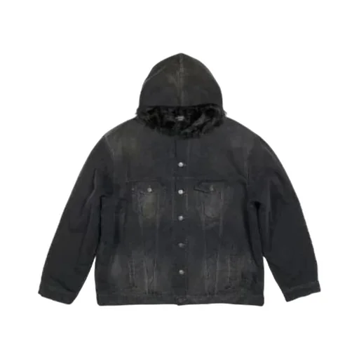 Bleached-Effect Button-Up Hooded Denim Jacket