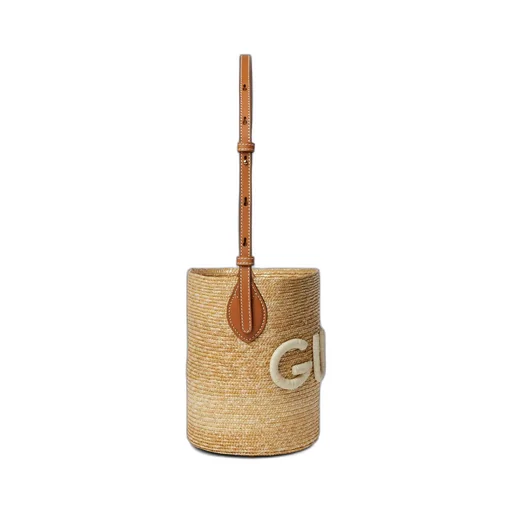 Small straw shoulder bag with Gucci patch