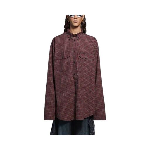 Oversize Plaid Long-Sleeved Shirt Brown