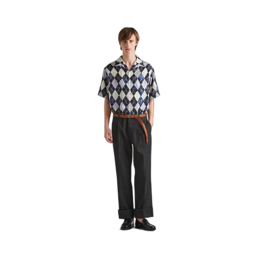 Short-sleeved Argyle-pattern silk twill shirt