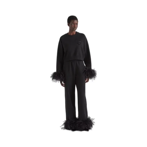 Cotton fleece joggers with feather trim