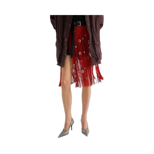 Midi-skirt with fringe and grommet embellishment
