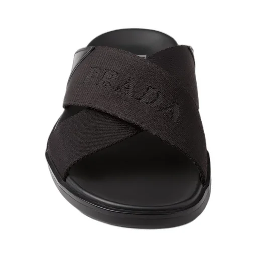 Brushed leather and Re-Nylon tape crisscross slides