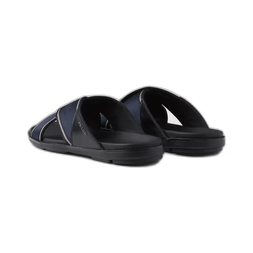 Brushed leather and Re-Nylon tape crisscross slides