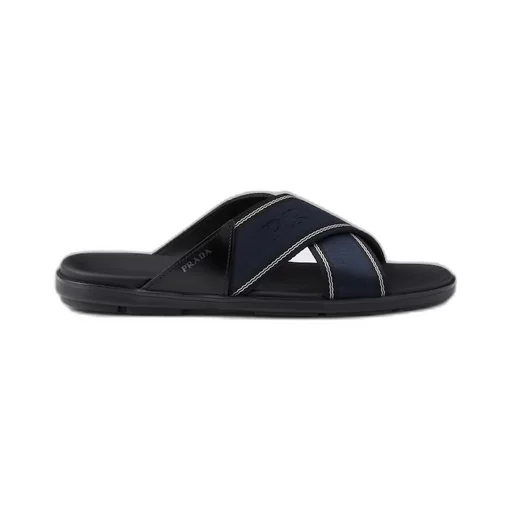 Brushed leather and Re-Nylon tape crisscross slides