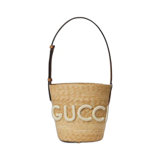 Small straw shoulder bag with Gucci patch