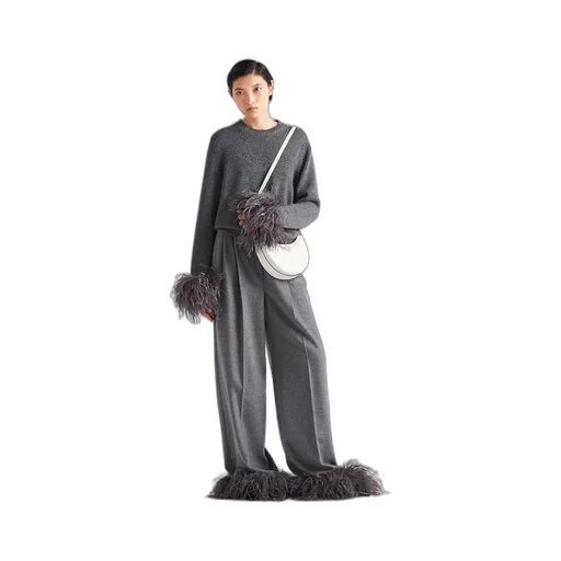 Feather-trimmed cashmere crew-neck sweater