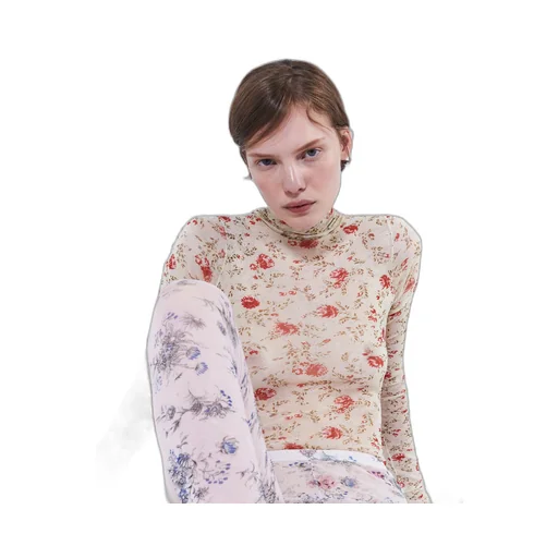 Printed stretch tulle bodysuit