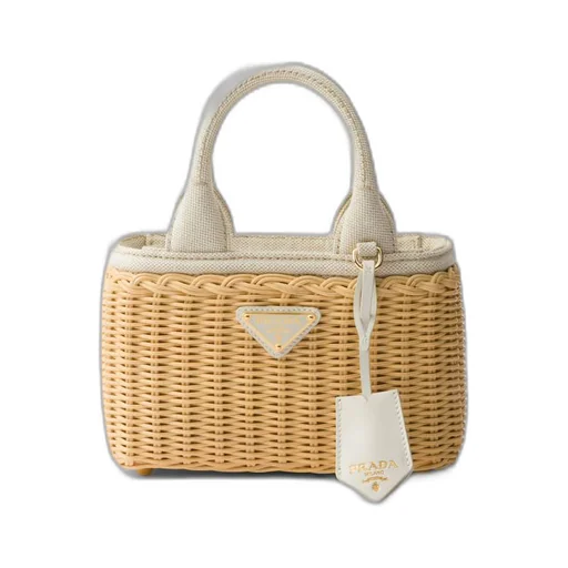 Mini wicker and linen blend tote bag