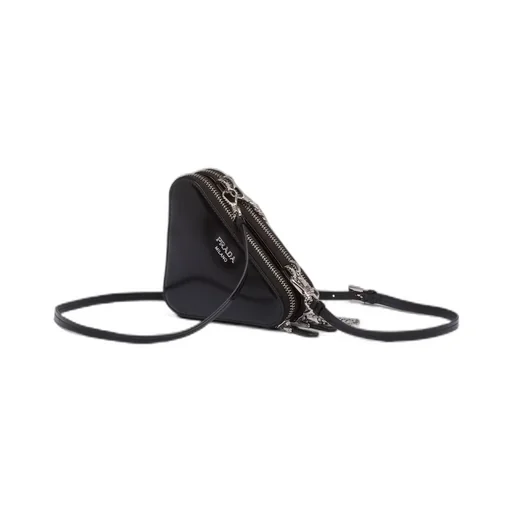 Triangular embellished satin and leather mini-pouch