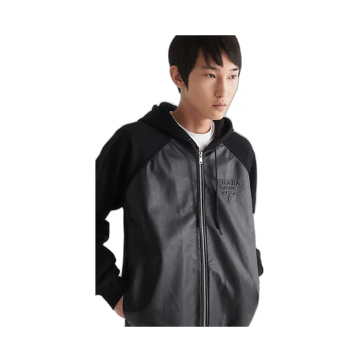 Technical fleece and leather hoodie jacket