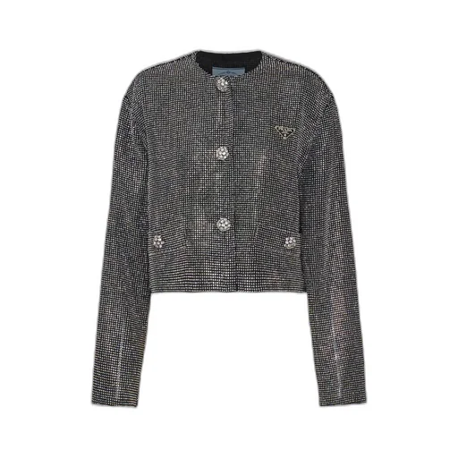 Single-breasted rhinestone encrusted mesh jacket