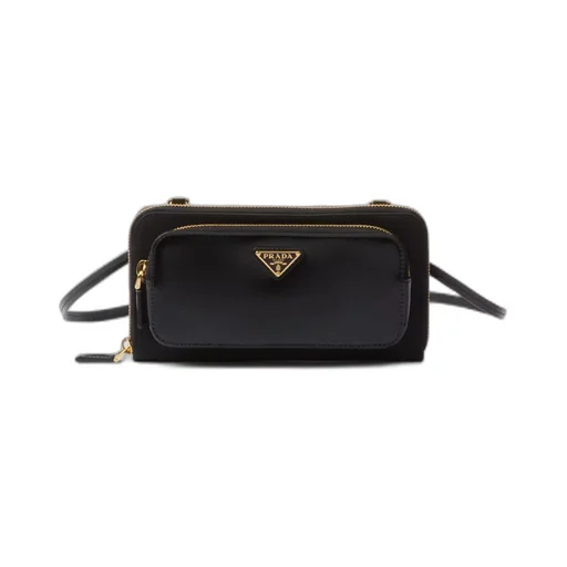 Re-Nylon and brushed leather wallet with shoulder strap
