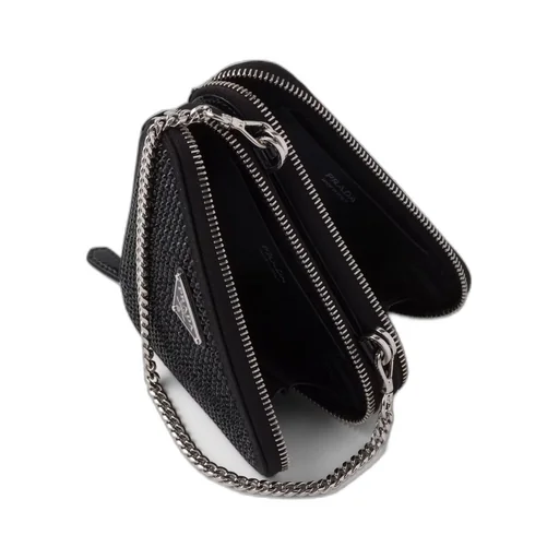 Triangular embellished satin and leather mini-pouch