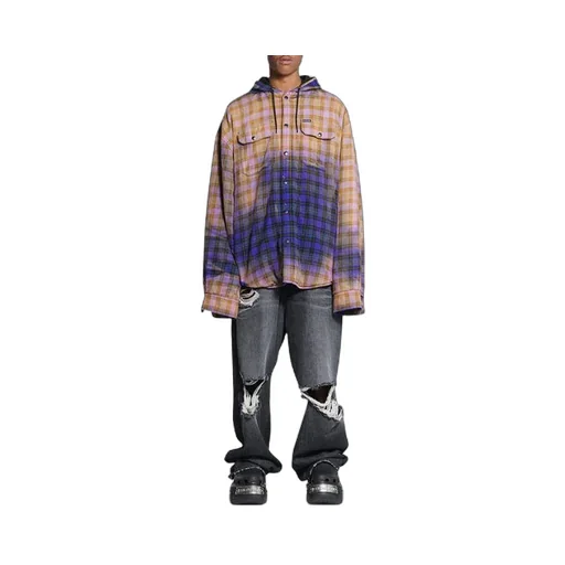 Bleached Plaid Long Sleeve Hooded Shirt