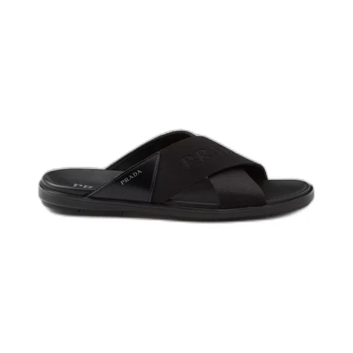 Brushed leather and Re-Nylon tape crisscross slides